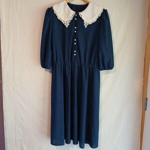 Sue‎ Sherry '80s Navy Blue Office Dress 18WP Petite White Pilgrim Collar A Line